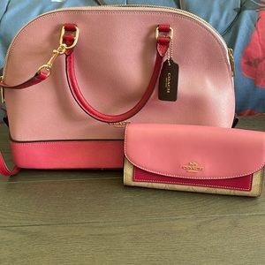 Coach Pink and Red Color Block Purse and Matching Wallet